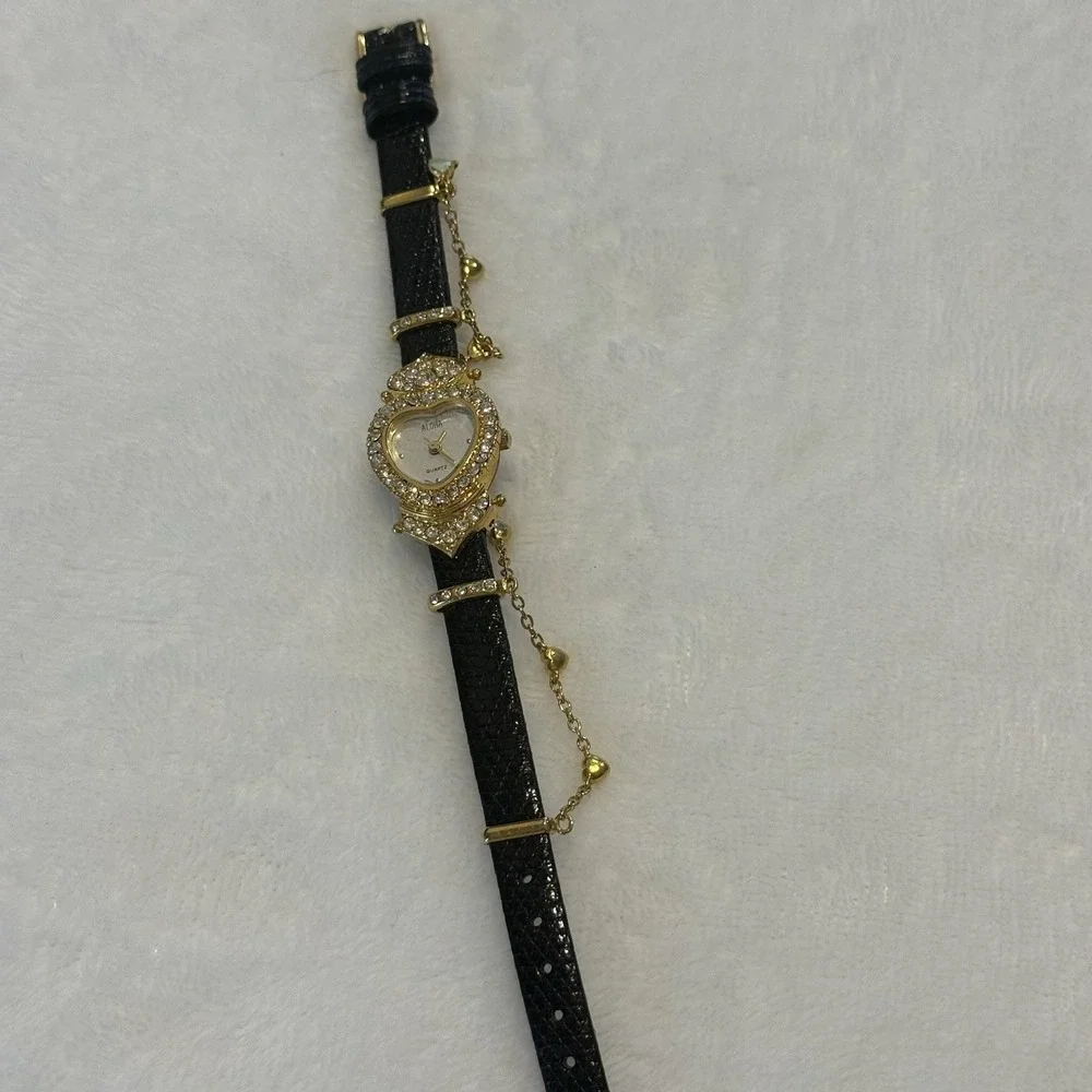 ALOHA Heart Rhinestone Women's Quartz Watch Black Leather Japan Movement VTG